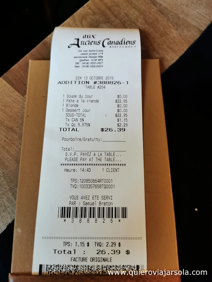Ticket de una comida que hice en Quebec