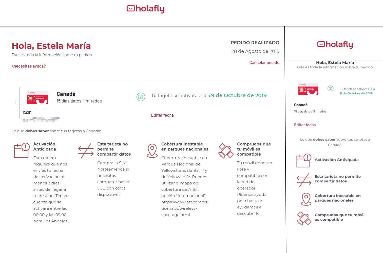 SIM de Holafly, resumen del pedido