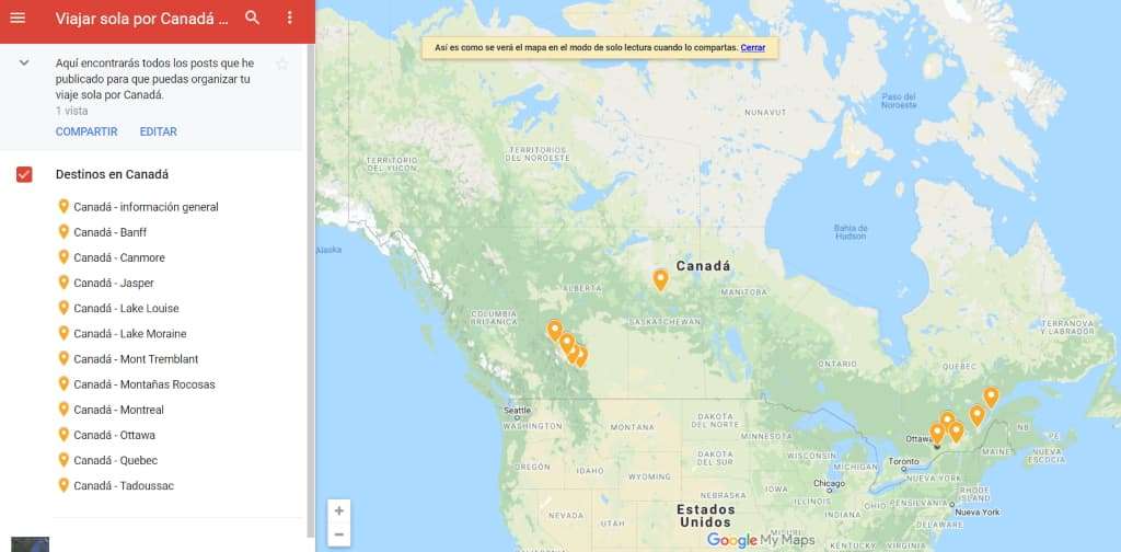 Viajar sola a Canadá, mapa destinos