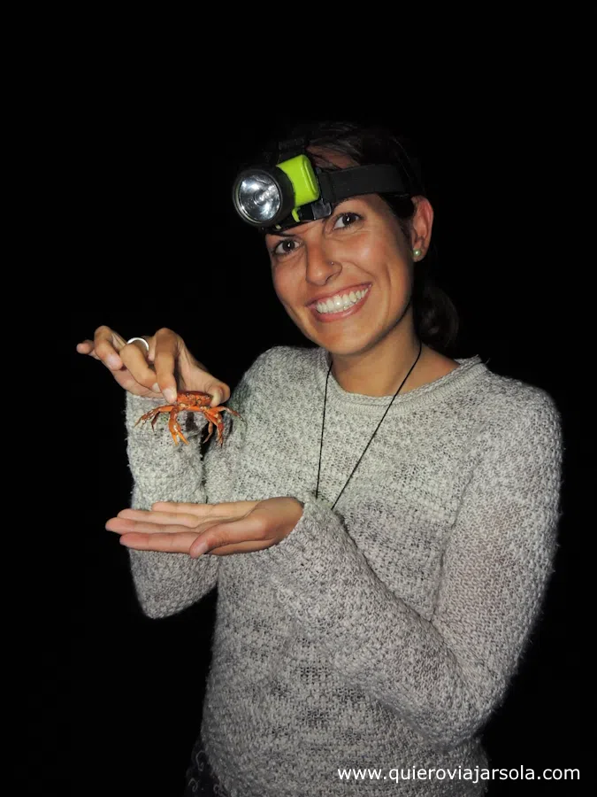 Yo sujetando un cangrejo durante un paseo nocturno por la selva