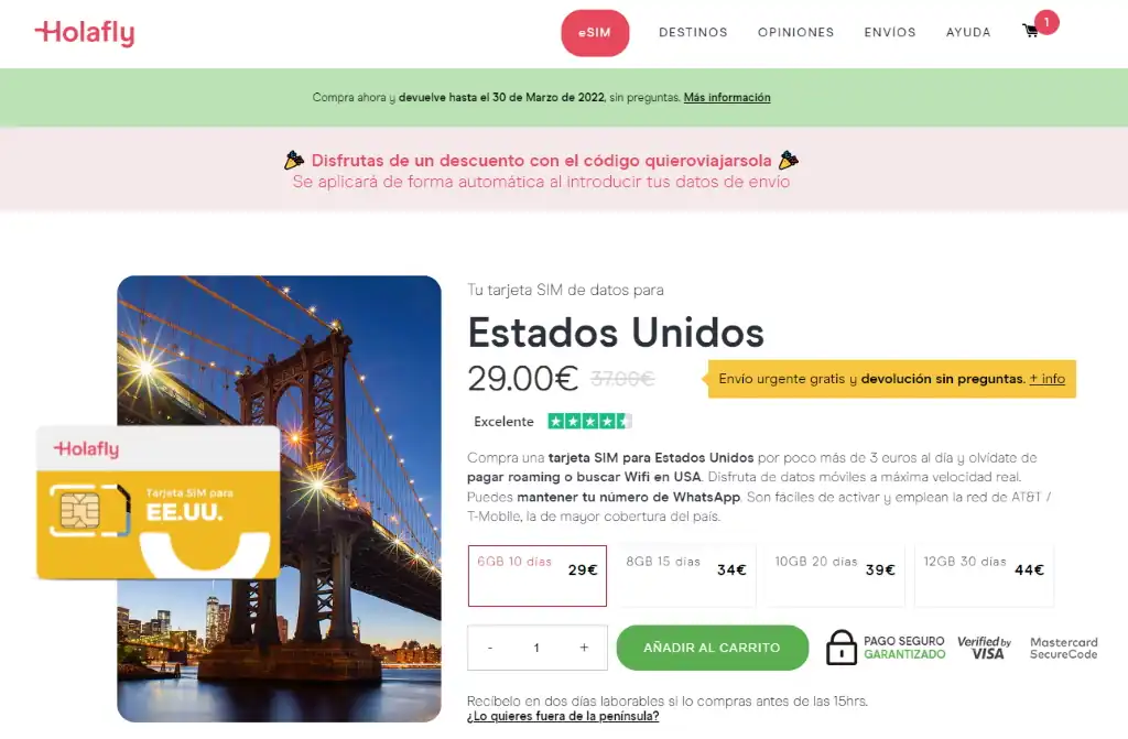 tarjeta Holafly, Estados Unidos