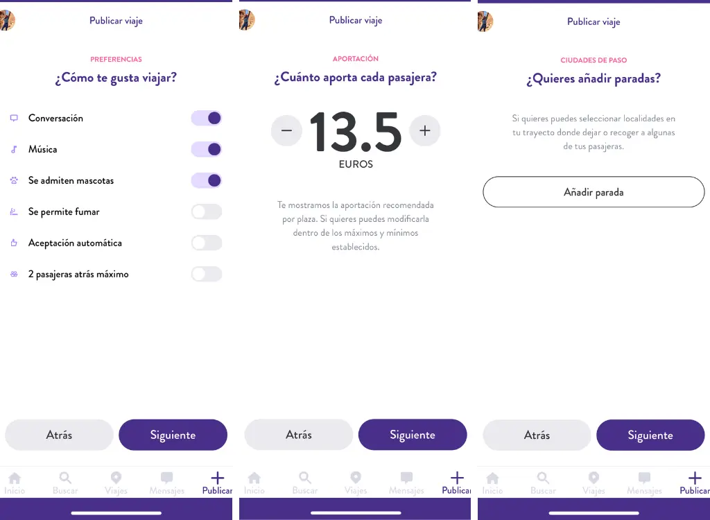 MissCar, publicar viaje