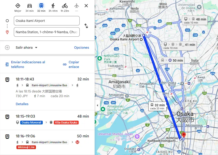 Opciones de transporte entre el aeropuerto Itami y Osaka