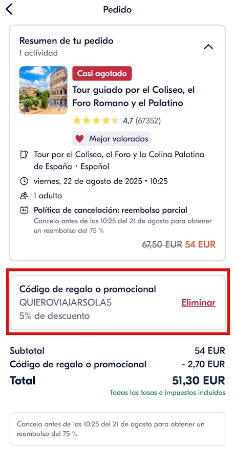 Ejemplo de cómo se ve el descuento aplicado en una actividad