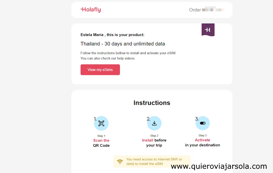 Email que me llegó al contratar mi eSIM