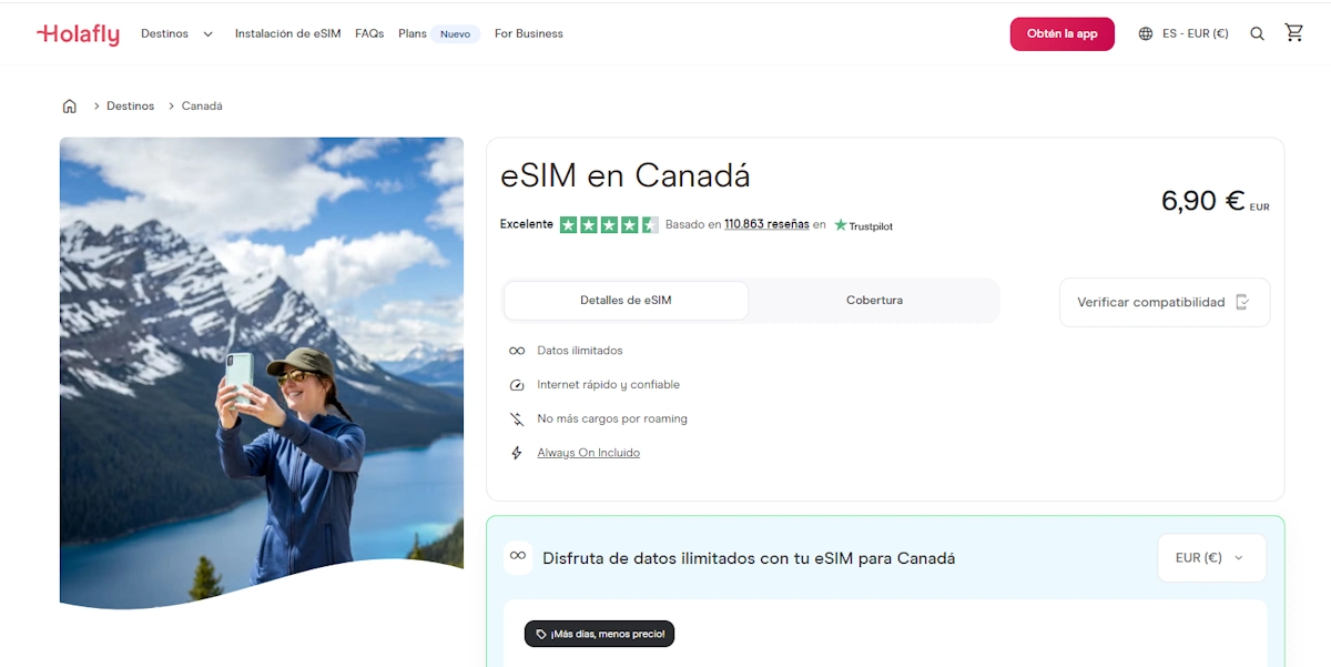 Pantallazo de la web de la eSIM Holafly Canadá