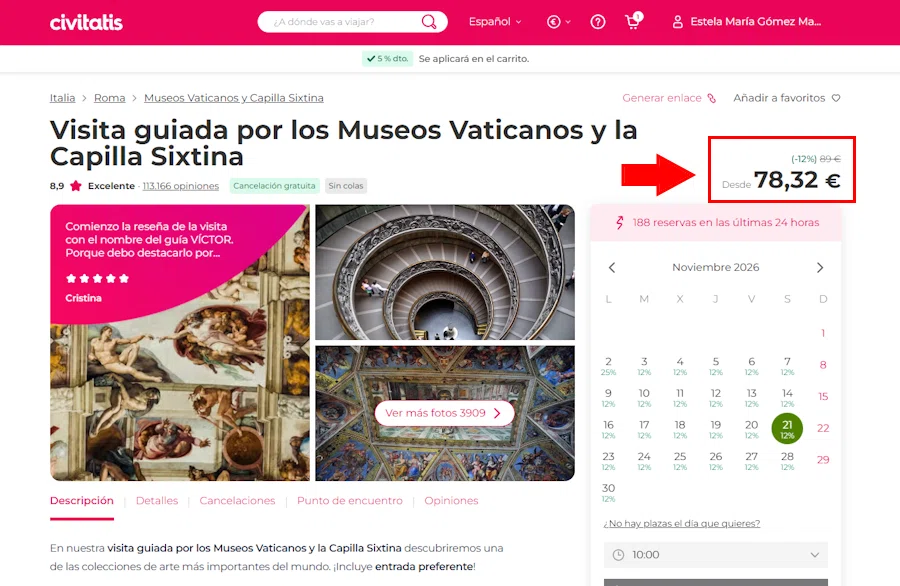 Pantallazo de una actividad con un descuento del 12%